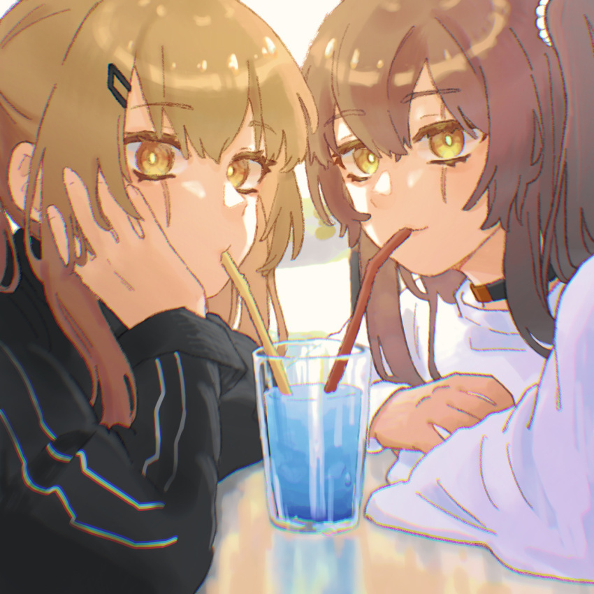 2girls black_shirt brown_eyes brown_hair choker commentary_request drinking drinking_straw drinking_straw_in_mouth girls_frontline glass hair_ornament hand_on_own_face highres looking_at_viewer multiple_girls official_alternate_costume one_side_up scar scar_across_eye sekiko_(dr11034) shared_drink shirt smile table ump45_(girls'_frontline) ump9_(girls'_frontline) upper_body white_shirt