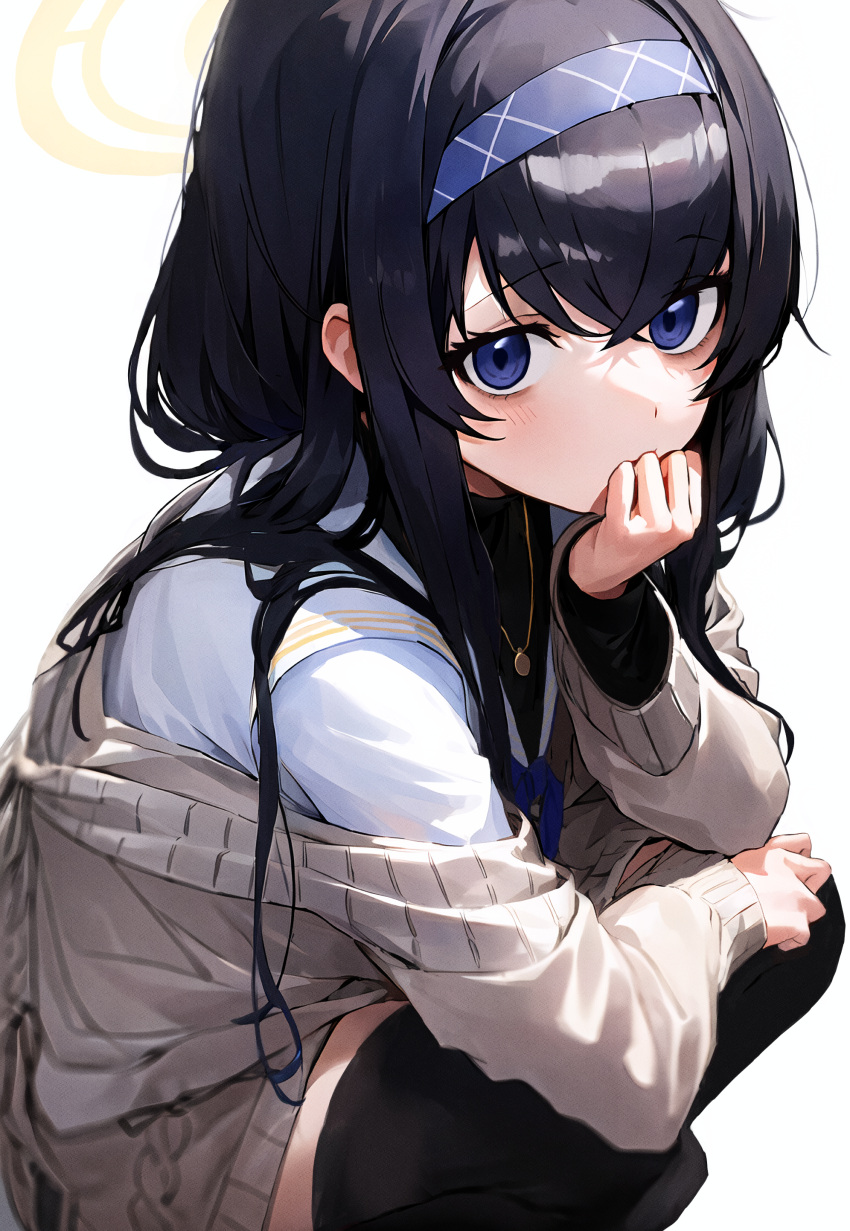 1girl absurdres bangs black_hair black_thighhighs blue_archive blue_hairband cardigan hairband halo highres jewelry long_hair long_sleeves looking_at_viewer necklace purple_hairband safe school_uniform serafuku simple_background skirt solo squatting sweater thigh-highs ui_(blue_archive) user_dvgc8787 violet_eyes white_background white_serafuku white_skirt