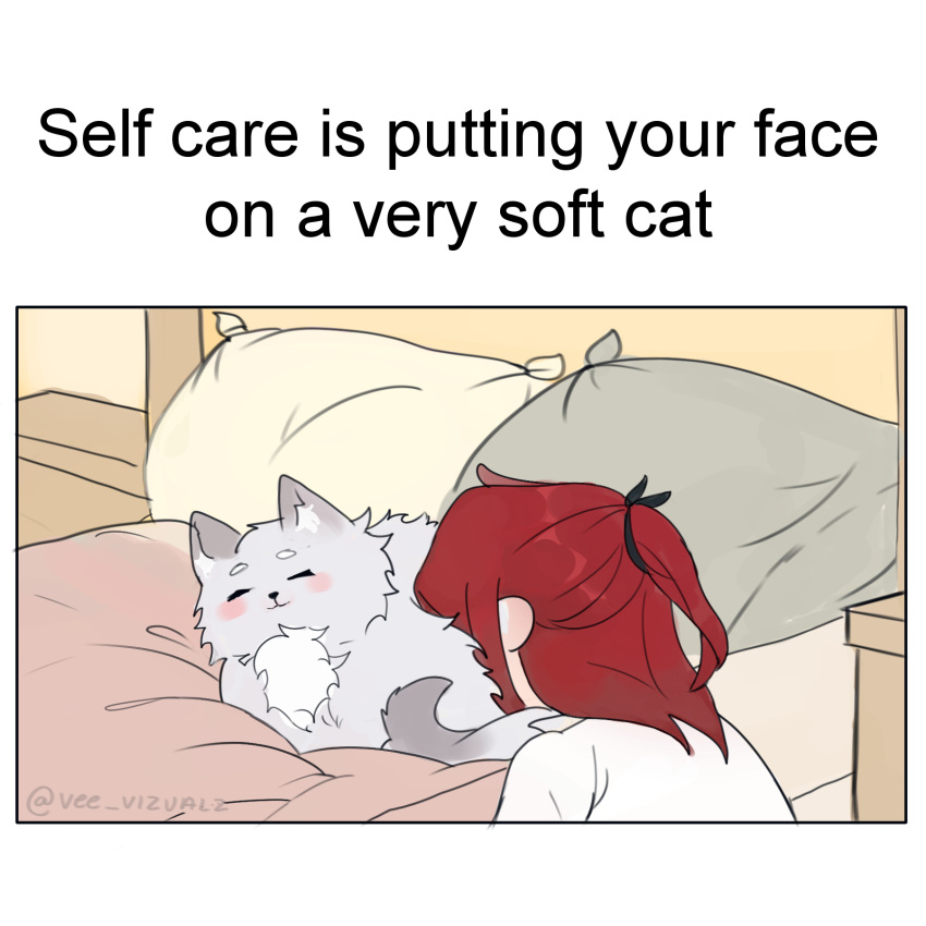 1boy animal bed cale_henituse cat closed_eyes closed_mouth commentary_request english_commentary english_text grey_cat half_updo highres long_hair lout_of_count's_family male_focus meme pillow redhead shirt twitter_username vee_vizualz
