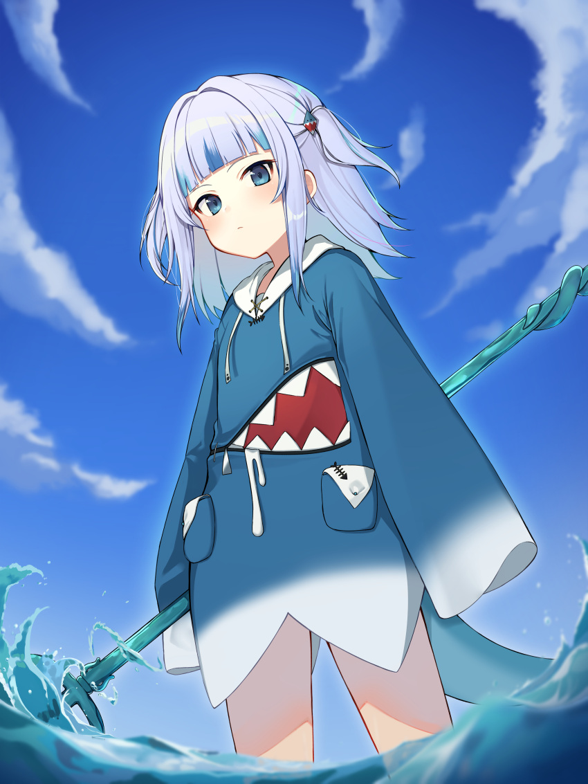1girl absurdres animal_hood bangs blue_eyes blue_hair blue_hoodie blue_sky blunt_bangs blush closed_mouth clouds commentary cowboy_shot drawstring fins fish_tail gawr_gura grey_hair h9_99999 hair_ornament highres holding holding_weapon hololive hololive_english hood hoodie long_sleeves looking_at_viewer looking_down medium_hair multicolored_hair no_pants partially_submerged partially_underwater_shot shark_girl shark_hair_ornament shark_hood shark_tail side_ponytail sidelocks sky sleeves_past_fingers sleeves_past_wrists solo streaked_hair tail two_side_up virtual_youtuber weapon