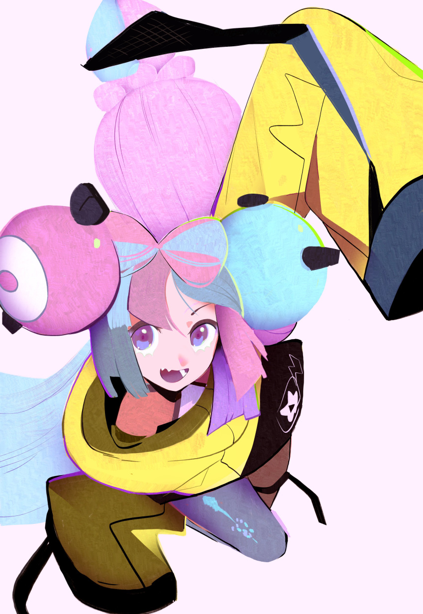 1girl absurdres blue_hair bow-shaped_hair character_hair_ornament grey_pantyhose hair_ornament highres iono_(pokemon) jacket long_hair looking_at_viewer low-tied_long_hair magnemite multicolored_hair nem_graphics oversized_clothes pantyhose pink_eyes pink_hair pokemon pokemon_(game) pokemon_sv sharp_teeth shirt single_leg_pantyhose sleeveless sleeveless_shirt sleeves_past_fingers sleeves_past_wrists split-color_hair teeth twintails very_long_sleeves yellow_jacket