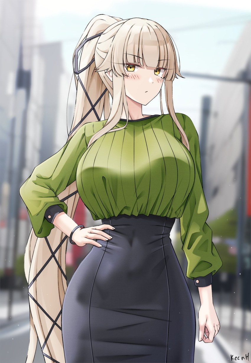 1girl arai_hitomi_(rc_f) artist_name bangs black_skirt blonde_hair blush borrowed_character breasts brown_eyes city closed_mouth commission day green_shirt hair_ribbon hand_on_hip high-waist_skirt highres keenh large_breasts leather leather_skirt long_hair long_sleeves looking_at_viewer medium_skirt mole mole_under_eye original outdoors pencil_skirt ribbon serious shirt skirt solo standing very_long_hair