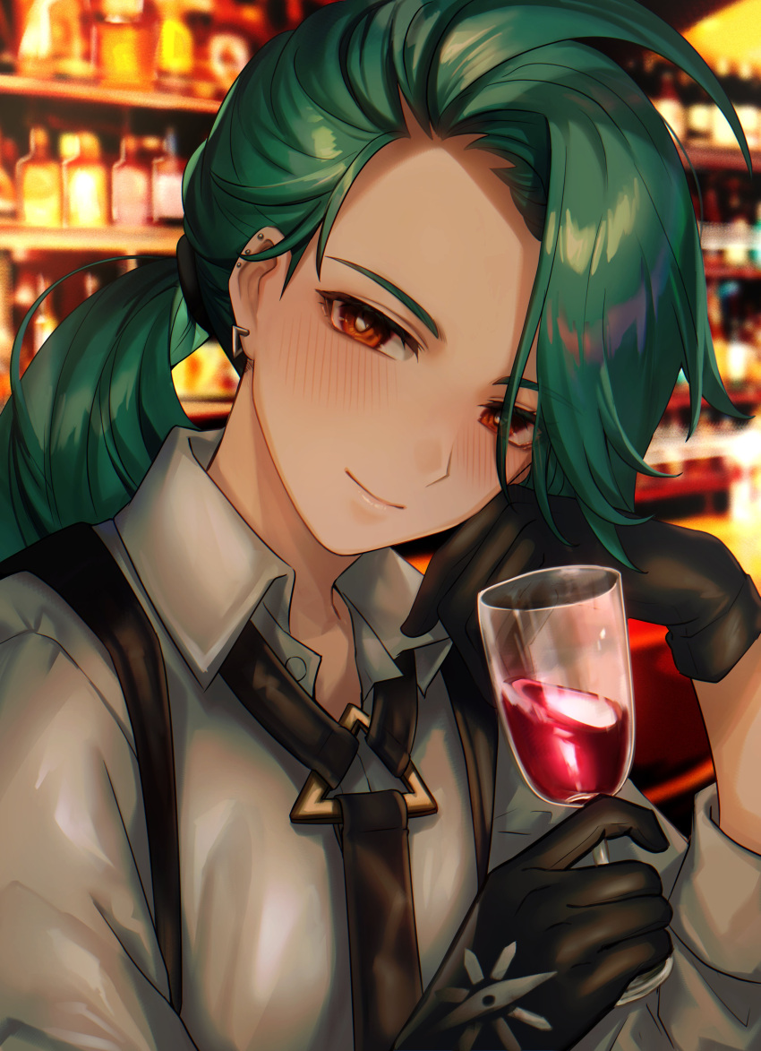 1girl absurdres alcohol asada_sadao blush bright_pupils closed_mouth collared_shirt commentary_request cup earrings gloves green_hair hands_up head_rest head_tilt highres holding holding_cup indoors jewelry long_hair looking_at_viewer necktie orange_eyes pokemon pokemon_(game) pokemon_sv ponytail rika_(pokemon) shirt smile solo stud_earrings suspenders upper_body white_pupils wine