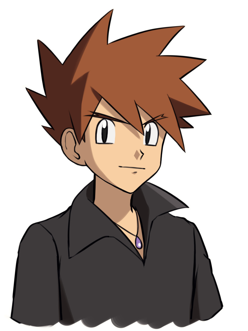 1boy absurdres bangs black_eyes black_shirt brown_hair closed_mouth collared_shirt commentary_request gary_oak highres jewelry looking_at_viewer male_focus necklace pokemon pokemon_(anime) pokemon_dppt_(anime) shirt short_hair simple_background smile solo spiky_hair upper_body wanichi white_background