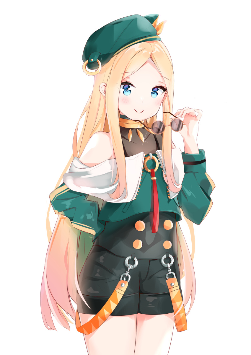 1girl abigail_williams_(fate) absurdres bangs beret black_shirt black_shorts blonde_hair blue_eyes blush closed_mouth commentary_request cosplay covered_collarbone eyewear_removed fate/grand_order fate_(series) forehead green_headwear green_jacket hand_up hat highres holding holding_eyewear jacket long_hair long_sleeves off-shoulder_jacket off_shoulder parted_bangs puffy_long_sleeves puffy_sleeves round_eyewear shirt short_shorts shorts simple_background sleeveless sleeveless_shirt smile solo sunglasses tenochtitlan_(fate) tenochtitlan_(fate)_(cosplay) very_long_hair white_background yukaa