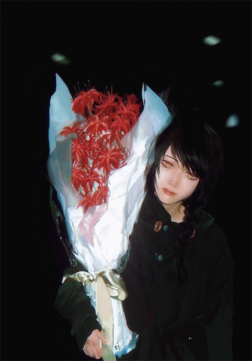 1girl bangs black_hair black_jacket bouquet braid braided_ponytail chainsaw_man dark dark_background flower hair_over_shoulder head_tilt highres holding holding_bouquet jacket looking_at_viewer medium_hair nayuta_(chainsaw_man) norbgumo ringed_eyes solo spider_lily swept_bangs yellow_eyes