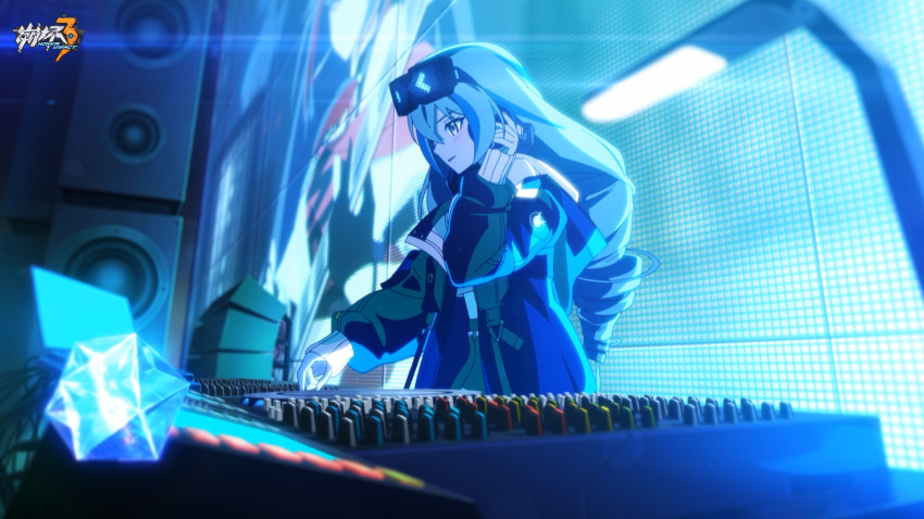 2girls alternate_costume black_jacket bronya_zaychik concert drill_hair grey_hair guitar hand_on_own_ear highres holding holding_instrument honkai_(series) honkai_impact_3rd instrument jacket logo long_hair long_sleeves multiple_girls music official_art official_wallpaper parted_lips playing_instrument raiden_mei screen solo