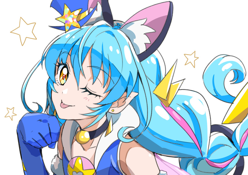 1girl ;p absurdres animal_ears bell blue_gloves blue_hair blush braid cat_ears cure_cosmo gloves hat highres long_hair magical_girl mini_hat mini_top_hat neck_bell one_eye_closed pointy_ears precure smile solo star_twinkle_precure tongue tongue_out top_hat tsukikage_oyama twin_braids yellow_eyes yuni_(precure)