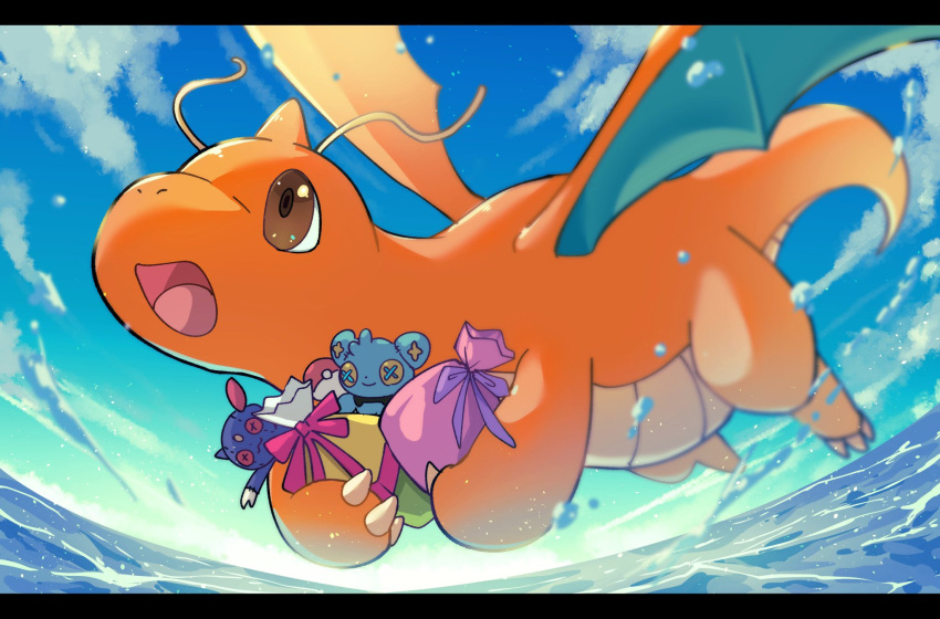 :d blurry brown_eyes character_doll claws clouds commentary_request day dragonite flying from_below highres holding no_humans open_mouth outdoors pokemon pokemon_(creature) pouch roncha_(shumokumoku) shinx sky smile sneasel tongue water