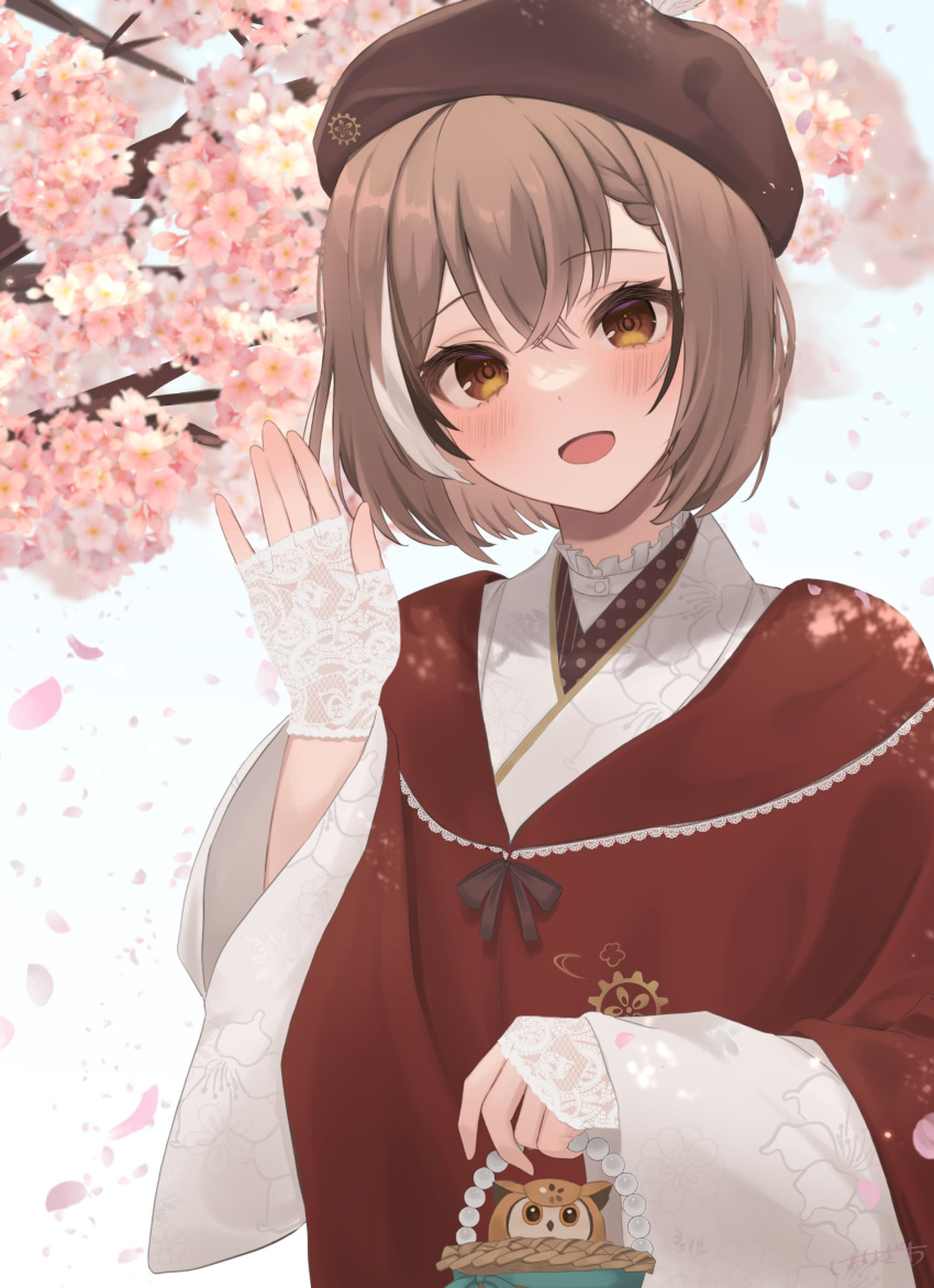1girl absurdres bangs basket beret bird braid braided_bangs branch brown_eyes brown_hair cherry_blossoms floral_print gloves hand_up hat highres hololive hololive_english japanese_clothes kimono lace lace_gloves looking_at_viewer multicolored_hair nanashi_mumei official_alternate_costume open_mouth owl petals print_kimono red_shawl shawl short_hair sidelocks simple_background smile solo streaked_hair tree virtual_youtuber waving white_background white_kimono wide_sleeves zawa_ma