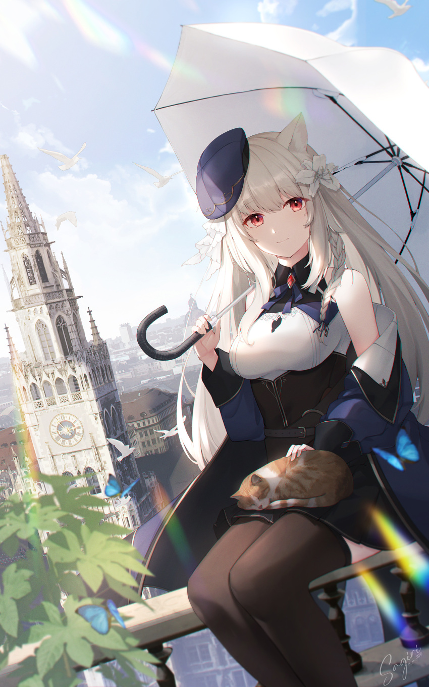 1girl absurdres animal_ears animal_on_lap bare_shoulders beret black_skirt blue_butterfly blue_coat blue_headwear braid breasts brown_thighhighs bug butterfly cat cat_on_lap cityscape clock clock_tower clouds coat commentary_request hat high-waist_skirt highres holding holding_umbrella long_hair long_sleeves looking_at_viewer medium_breasts on_lap open_clothes open_coat original outdoors red_eyes sagiri_(ulpha220) shirt side_braid signature sitting sitting_on_railing skirt sky smile thigh-highs tower umbrella white_hair white_shirt