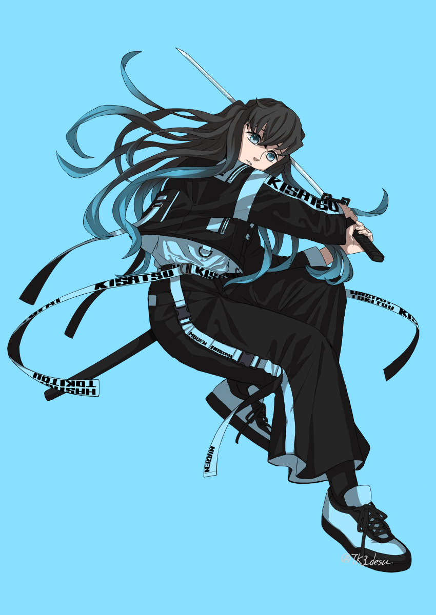 1boy absurdres alternate_costume black_hair black_pants black_sweater blue_background blue_eyes blue_footwear blue_hair blue_shirt character_name closed_mouth contemporary full_body gradient_hair highres holding holding_sword holding_weapon kake_hashi3 katana kimetsu_no_yaiba long_hair long_sleeves male_focus multicolored_hair pants parted_lips shirt shoes simple_background sneakers solo sweater sword tokitou_muichirou twitter_username very_long_hair weapon