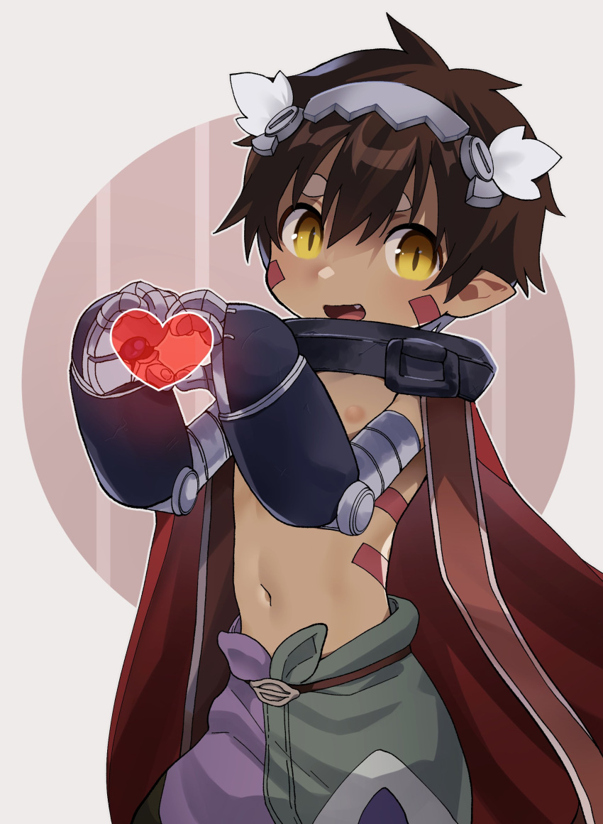 1boy absurdres brown_hair cape commentary commentary_request dark-skinned_male dark_skin facial_mark fang hair_between_eyes hairband heart highres looking_at_viewer made_in_abyss male_focus mechanical_arms navel open_mouth own_hands_together red_cape regu_(made_in_abyss) short_hair simple_background smile solo topless_male usuki_(usukine1go) white_background yellow_eyes