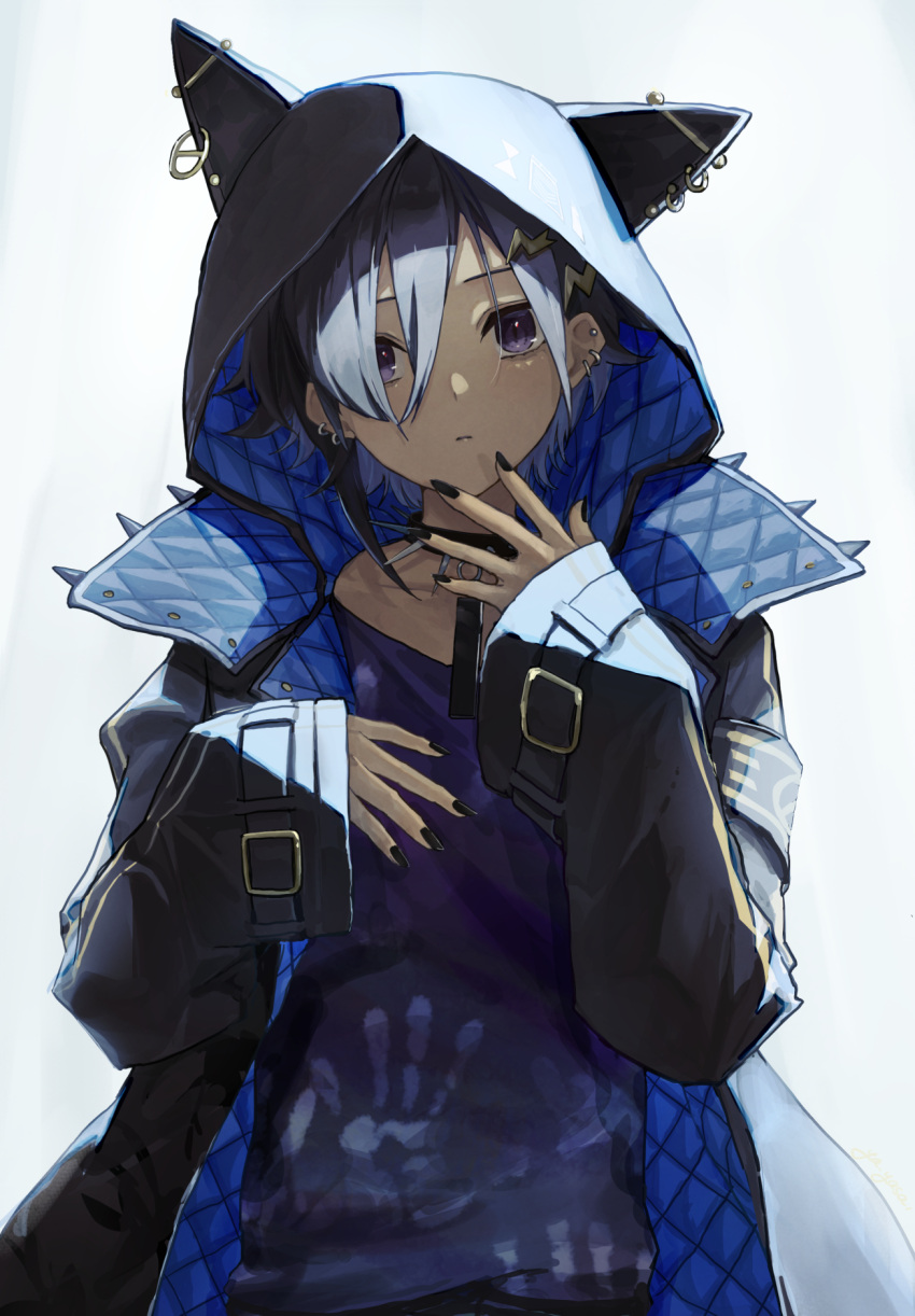 1boy animal_hood armband backlighting black_armband black_collar black_hair black_jacket black_nails cat_hood collar ear_piercing earrings hair_between_eyes hair_ornament hairclip hand_up handprint head_tilt highres holostars hood hood_up jacket jewelry jyakku kanade_izuru lightning_bolt_hair_ornament lightning_bolt_symbol looking_at_viewer male_focus open_clothes open_jacket padded_jacket parted_lips piercing purple_shirt shirt short_hair simple_background sleeves_past_wrists slit_pupils solo spiked_collar spikes two-sided_fabric two-sided_jacket violet_eyes virtual_youtuber white_background