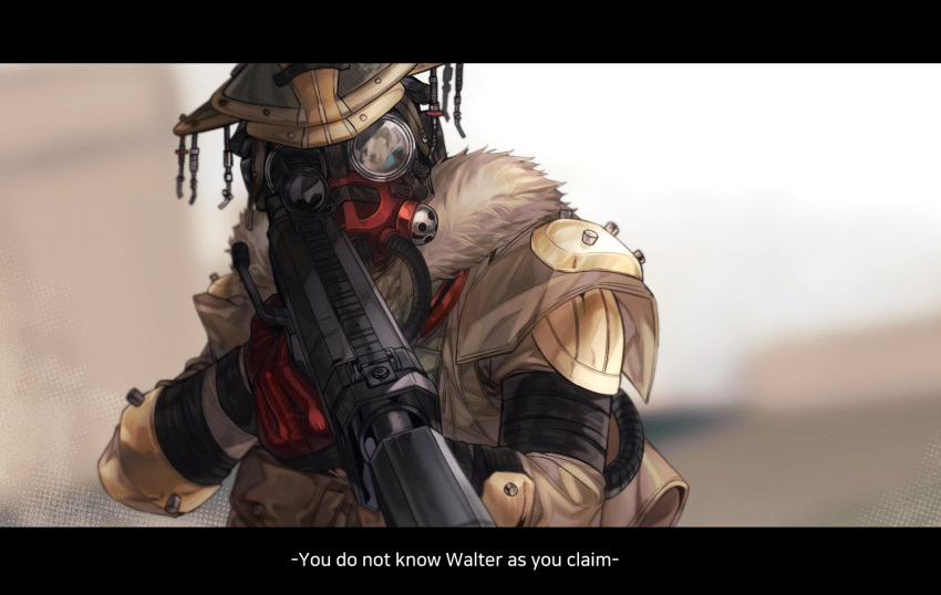 1other 47_lall ambiguous_gender animification apex_legends bloodhound_(apex_legends) brown_jacket fur-trimmed_jacket fur_trim gloves goggles gun head_tilt helmet holding holding_gun holding_weapon jacket korean_commentary letterboxed light_machine_gun other_focus rampage_lmg rebreather red_gloves solo weapon