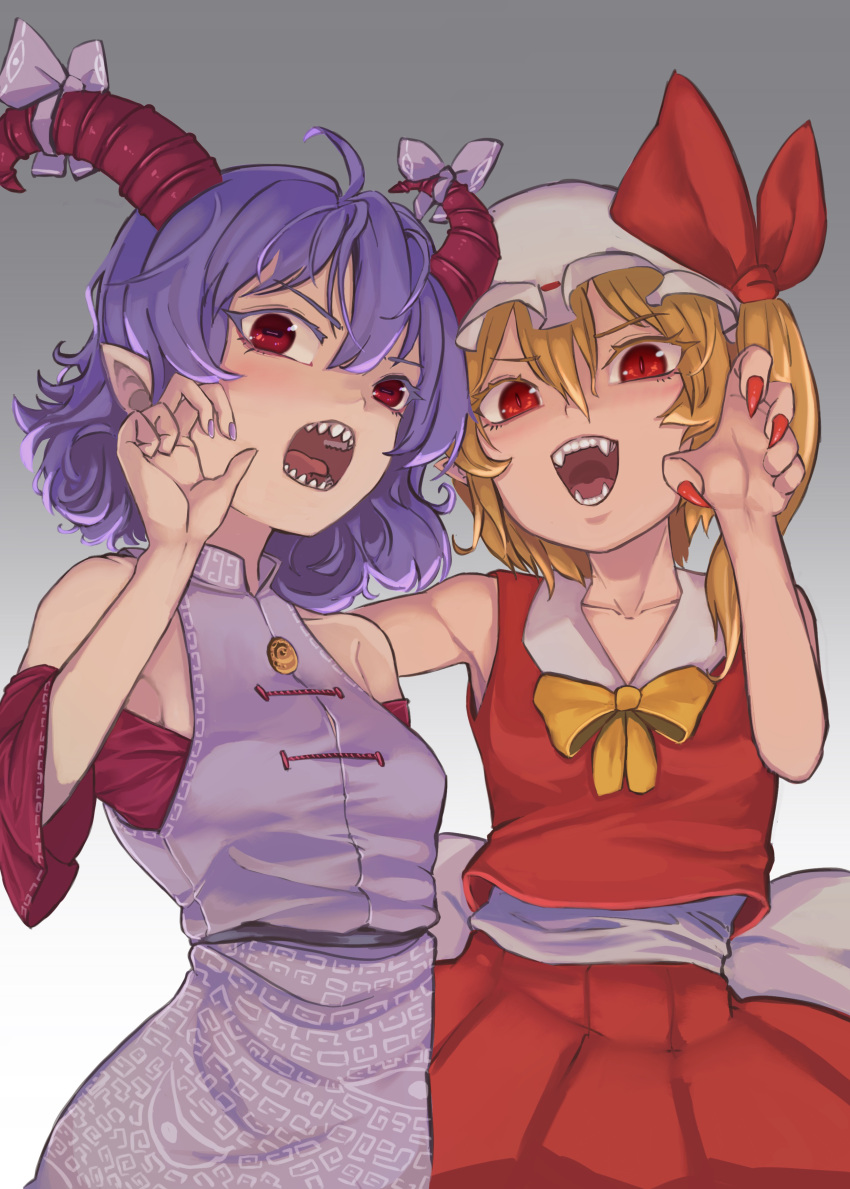 2girls absurdres back_bow bare_shoulders blonde_hair blue_hair blue_nails blue_skirt blue_vest bow bowtie collarbone detached_sleeves fangs fingernails flandre_scarlet gradient_background grey_background hat highres horn_ornament horn_ribbon horns kaden_(muxt8423) looking_at_viewer meandros mob_cap multiple_girls nail_polish no_wings open_mouth patterned_clothing pointy_ears rectangular_pupils red_eyes red_horns red_nails red_shirt red_skirt ribbon sharp_fingernails sharp_teeth shirt side_ponytail simple_background skirt sleeveless sleeveless_shirt slit_pupils teeth touhou toutetsu_yuuma vest white_background white_headwear yellow_bow yellow_bowtie