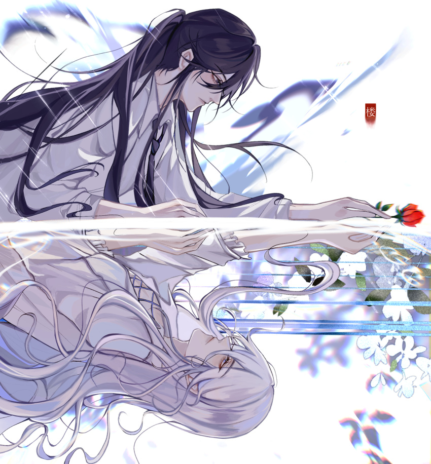 2boys bai_liu bishounen black_hair collared_shirt flower high_ponytail highres i_became_a_god_in_a_horror_game long_hair looking_at_another male_focus multiple_boys qianchen140 red_flower red_rose rose shirt tavel wavy_hair white_hair white_shirt