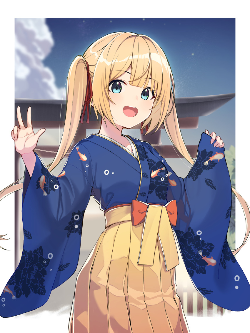 1girl :d absurdres alternate_costume blonde_hair blue_kimono blurry border clouds commentary cowboy_shot day depth_of_field floral_print green_eyes h9_99999 hair_ribbon highres hololive hololive_english japanese_clothes kimono long_hair long_sleeves looking_at_viewer open_mouth outdoors red_ribbon ribbon sash skirt sky sleeves_past_wrists smile solo standing teeth tongue torii twintails upper_teeth_only v virtual_youtuber watson_amelia white_border wide_sleeves yellow_skirt