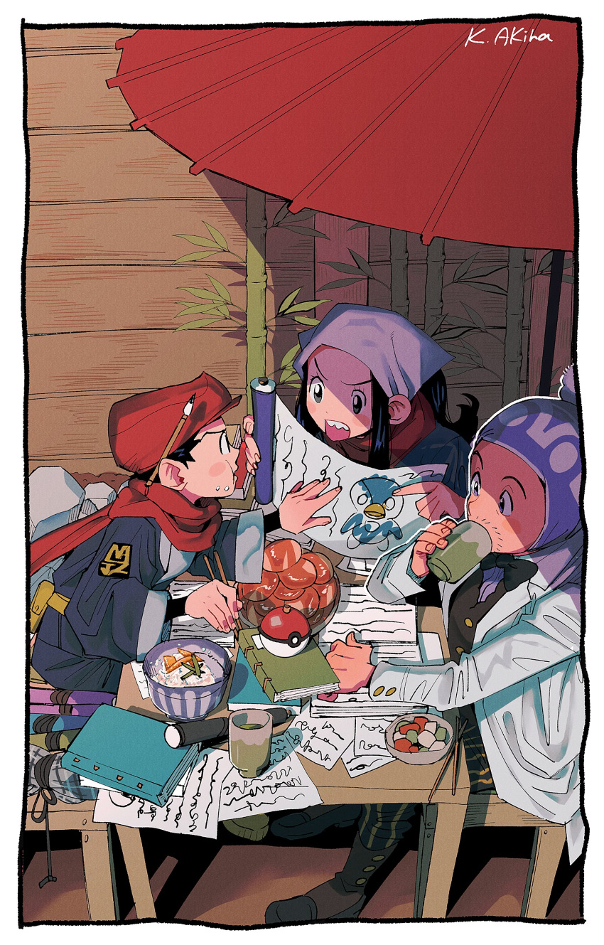 1girl 2boys absurdres akari_(pokemon) artist_name bamboo black_hair blush_stickers border buttons chair chopsticks coat commentary_request drinking eating facial_hair food food_on_face galaxy_expedition_team_survey_corps_uniform hat head_scarf highres holding holding_chopsticks japanese_clothes katajima_akira kimono labcoat laventon_(pokemon) leaf long_hair long_sleeves multiple_boys notebook oil-paper_umbrella open_mouth pants paper piplup poke_ball poke_ball_(legends) pokemon pokemon_(game) pokemon_legends:_arceus red_headwear red_scarf rei_(pokemon) rice rice_on_face scarf sharp_teeth short_hair sitting table teeth umbrella uniform white_border white_coat white_scarf