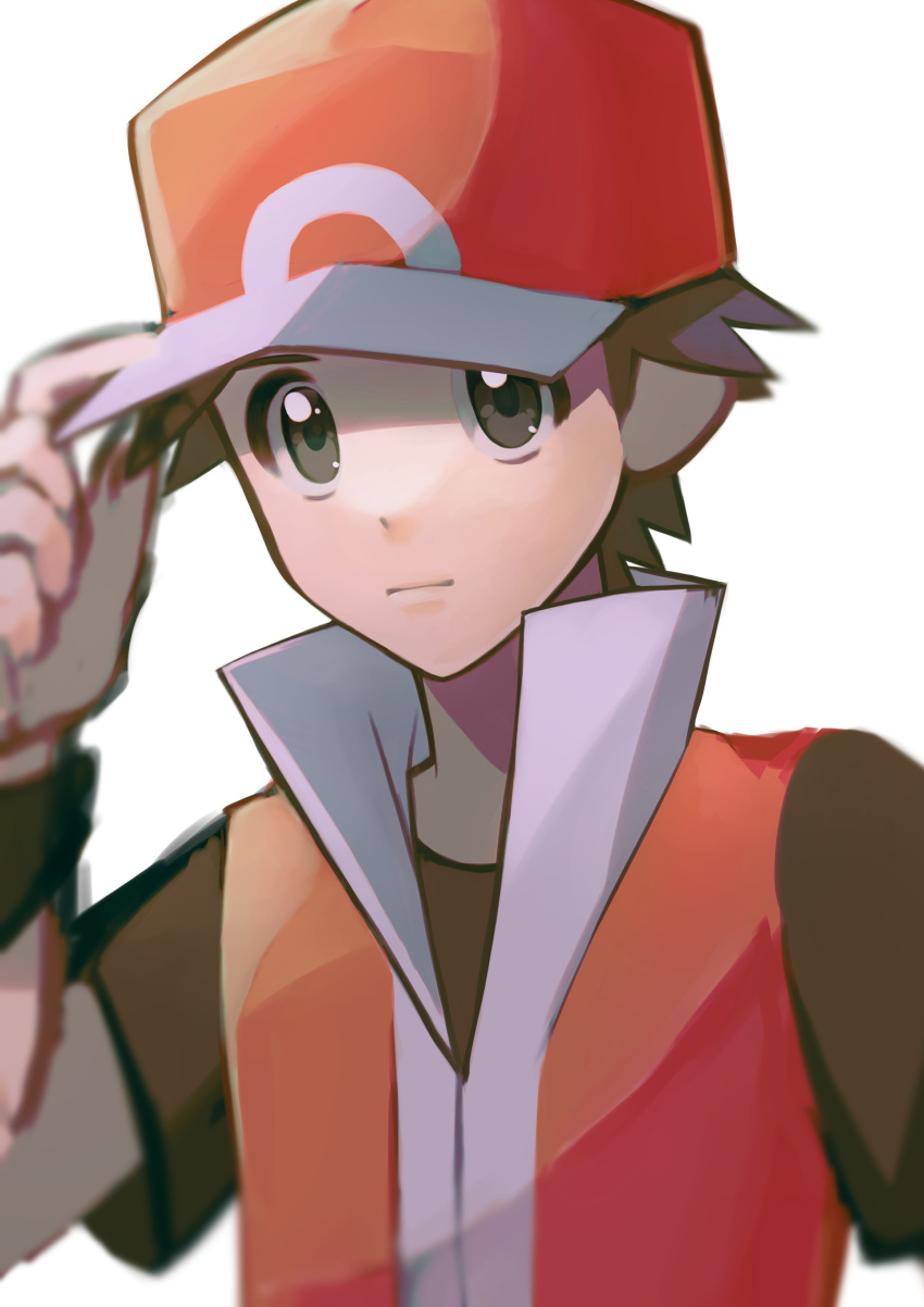 1boy absurdres baseball_cap blurry brown_eyes brown_hair brown_shirt closed_mouth commentary_request hand_on_headwear hand_up hat highres male_focus pokemon pokemon_(game) pokemon_frlg red_(pokemon) shirt short_hair short_sleeves simple_background sleeveless sleeveless_jacket solo t-shirt upper_body wanichi white_background wristband