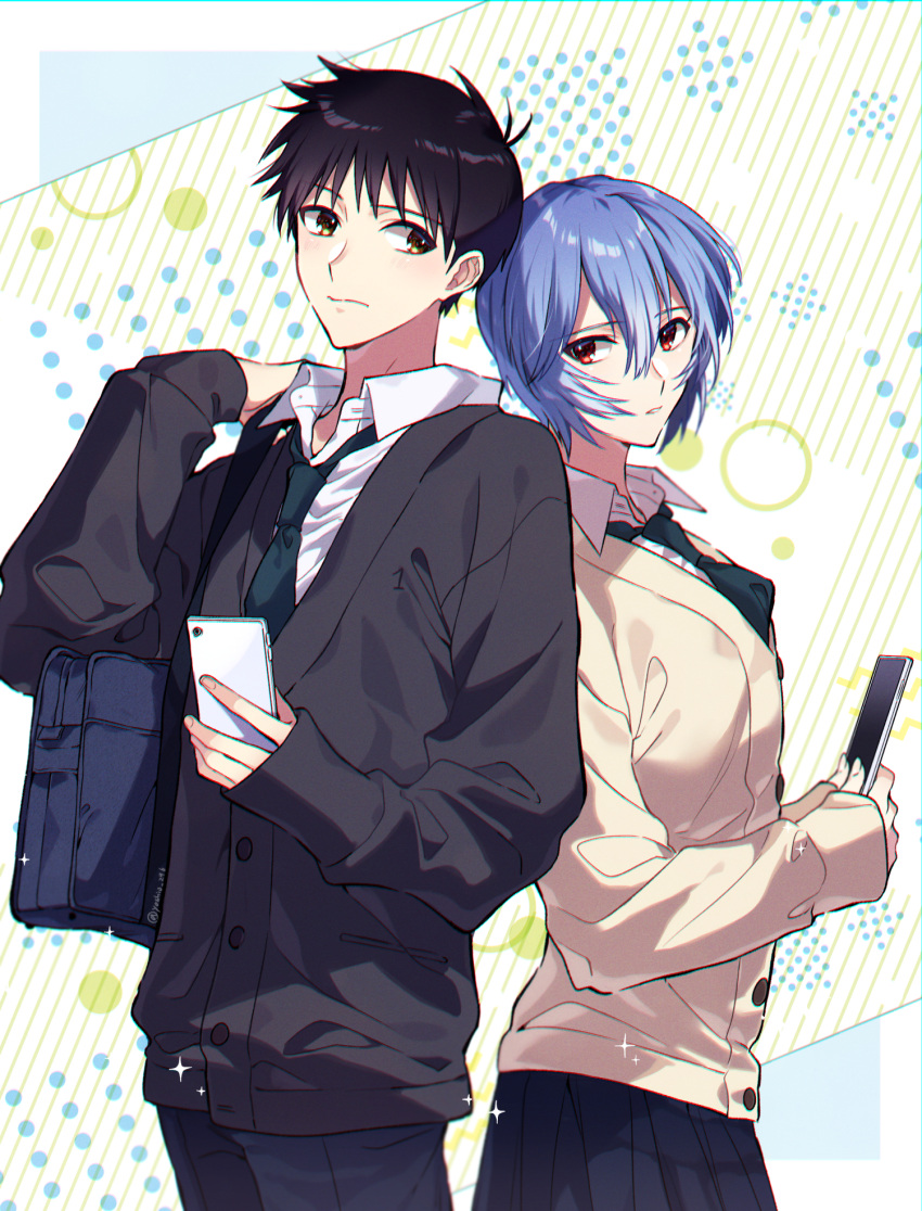 1boy 1girl alternate_costume ayanami_rei bag bangs black_cardigan black_hair black_pants black_skirt blue_hair brown_eyes cardigan cellphone closed_mouth collared_shirt green_necktie hair_between_eyes highres holding holding_bag holding_phone ikari_shinji long_sleeves necktie neon_genesis_evangelion pants parted_lips phone pleated_skirt red_eyes shirt short_hair skirt sleeves_past_wrists smartphone standing white_shirt wing_collar yoshio_296