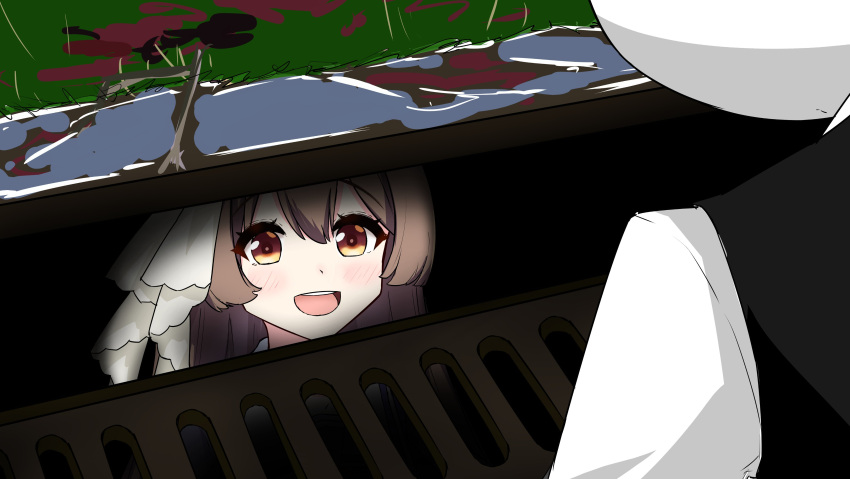 1boy 1girl absurdres blush brown_eyes brown_hair commentary_request grate gryebooks hair_between_eyes highres it_(stephen_king) looking_at_another open_mouth parody rain satono_diamond_(umamusume) school_uniform sewer sewer_grate tracen_school_uniform trainer_(umamusume) umamusume uniform
