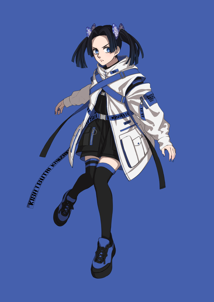 1girl absurdres alternate_costume black_hair black_shorts black_thighhighs blue_background blue_eyes blue_footwear blue_nails butterfly_hair_ornament character_name closed_mouth coat contemporary crown full_body hair_intakes hair_ornament highres kake_hashi3 kanzaki_aoi_(kimetsu_no_yaiba) kimetsu_no_yaiba long_hair long_sleeves nail_polish open_clothes open_coat shoes shorts simple_background sneakers solo standing thigh-highs twintails v-shaped_eyebrows white_coat zettai_ryouiki