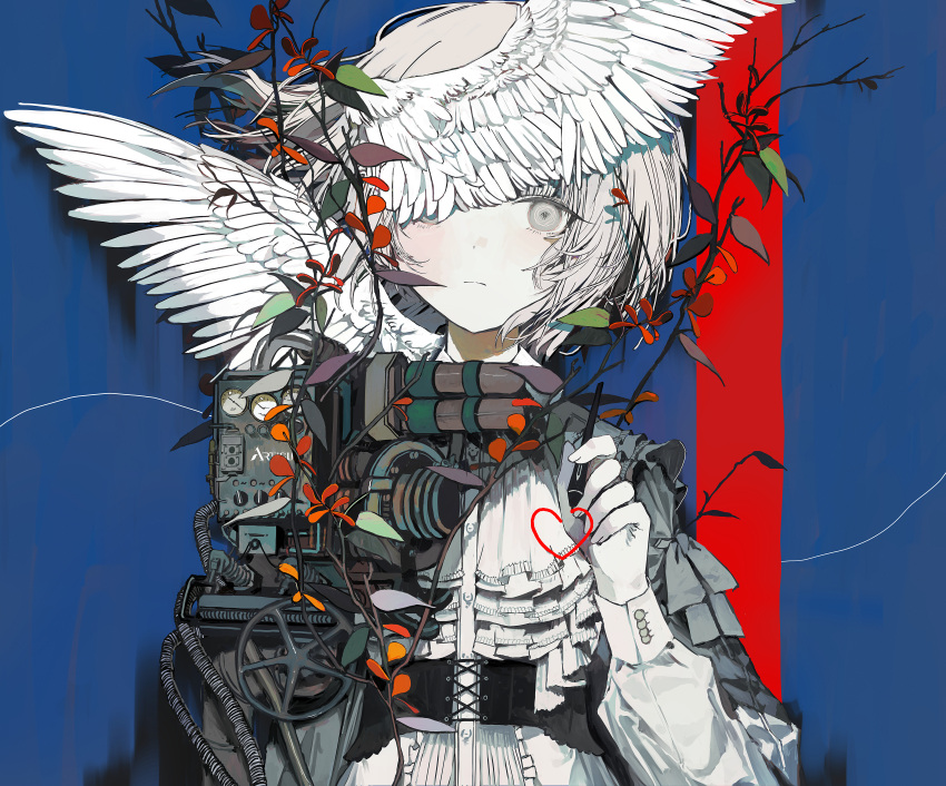 1girl absurdres angel angel_wings artisul blue_background bob_cut branch copyright_name corset floating_hair frilled_shirt frills frown grey_eyes grey_ribbon guage hand_up heart highres holding holding_stylus leaf light_blush long_sleeves looking_at_viewer machine one_eye_covered original pale_skin plant red_background ringed_eyes shirt short_hair sleeve_cuffs sleeve_ribbon solo stylus tekito_midori tube two-tone_background upper_body white_hair white_shirt wings writing_on_fourth_wall