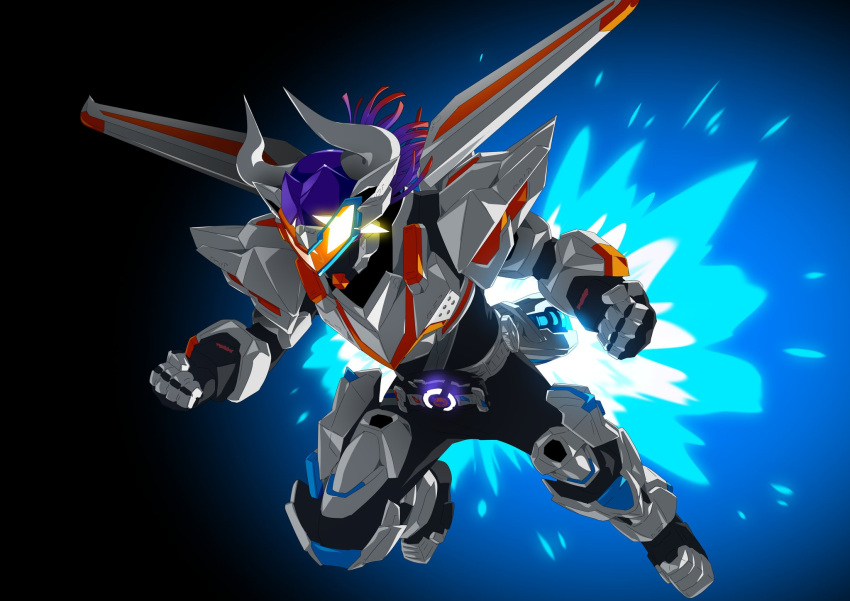 1boy antennae black_bodysuit bodysuit buffalo clenched_hands command_buckle commentary desire_driver driver_(kamen_rider) earpiece flying goggles gradient_hair highres holding holding_sword holding_weapon horns kamen_rider kamen_rider_buffa kamen_rider_buffa_command_form:jet_mode kamen_rider_geats_(series) leg_armor long_hair male_focus microphone multicolored_hair orange-tinted_eyewear orange_eyes otokamu purple_hair redhead rider_belt sword tinted_eyewear tokusatsu upper_body visor_(armor) water_buffalo weapon wings