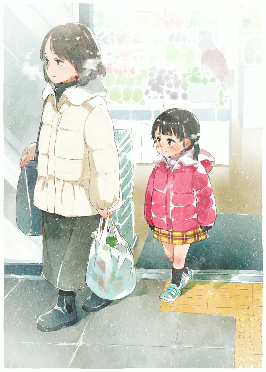 2girls bag black_footwear black_gloves black_hair black_pantyhose black_shirt black_skirt black_socks blue_footwear blush boots breath brown_skirt closed_mouth commentary_request day down_jacket gloves gomennasai highres holding holding_bag hood hood_down hooded_jacket jacket long_sleeves mother_and_daughter multiple_girls original outdoors pantyhose plaid plaid_skirt plastic_bag red_jacket shirt skirt sleeves_past_wrists smile socks twintails white_jacket white_shirt