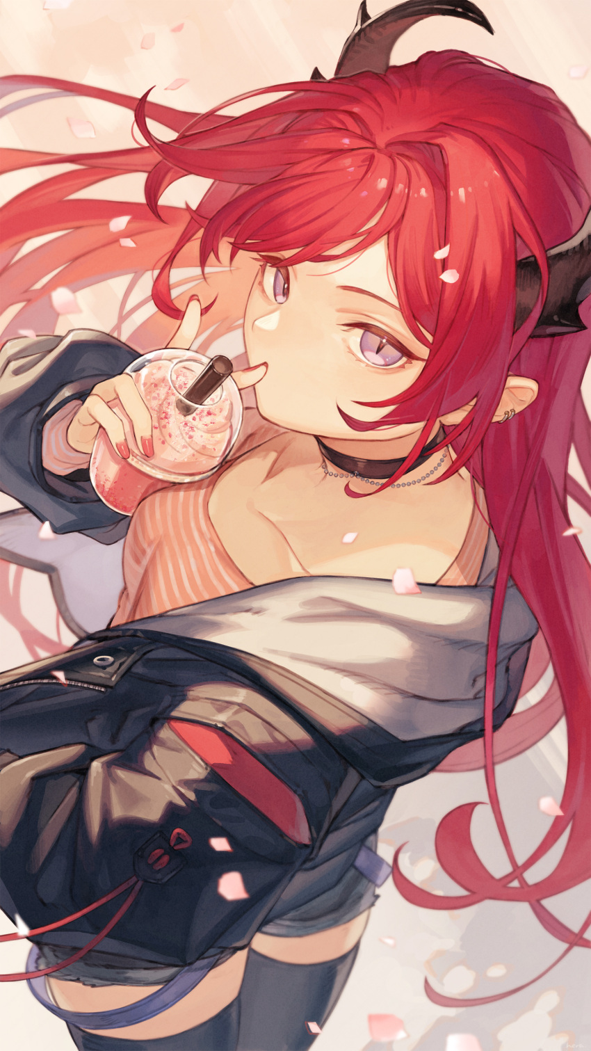 1girl absurdres alternate_costume arknights black_jacket black_thighhighs cherry_blossoms choker collarbone cup disposable_cup drinking_straw ear_piercing food herayoshi highres holding holding_cup horns ice_cream jacket long_hair looking_at_viewer milkshake nail_polish piercing redhead shorts slit_pupils solo surtr_(arknights) thigh-highs violet_eyes