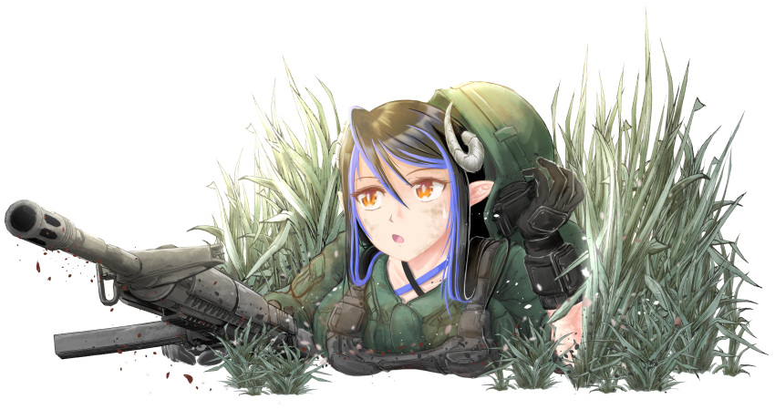 1girl 774_inc. alternate_costume assault_rifle bangs black_gloves black_hair blue_hair breasts bright_pupils brown_eyes bulletproof_vest commentary_request curled_horns demon_girl demon_horns gloves grass green_headwear green_shirt grey_horns gun hair_between_eyes hebiyoi_tier helmet highres holding holding_gun holding_weapon horns kurotake large_breasts long_hair looking_afar lying military military_uniform multicolored_hair on_stomach open_mouth pointy_ears rifle shirt sidelocks snake_bite solo sugar_lyric transparent_background two-tone_hair uniform upper_body virtual_youtuber weapon white_pupils