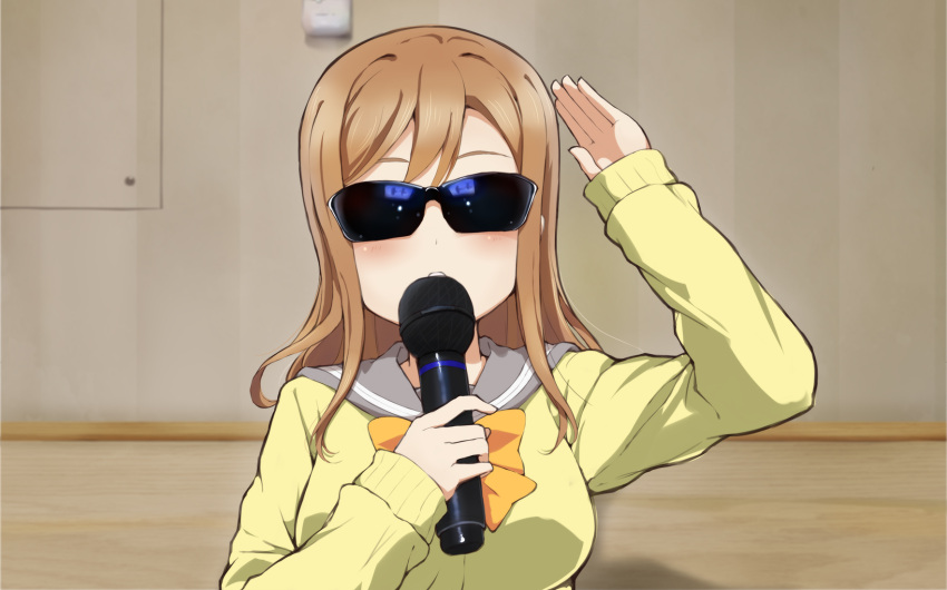 1girl bangs blush bow bowtie brown_hair commentary_request grey_sailor_collar hand_up highres holding holding_microphone indoors kunikida_hanamaru long_hair love_live! love_live!_sunshine!! microphone open_mouth rin_(ashleyy) sailor_collar shirt sleeves_past_wrists solo sunglasses syamu_game upper_body yellow_bow yellow_bowtie yellow_shirt