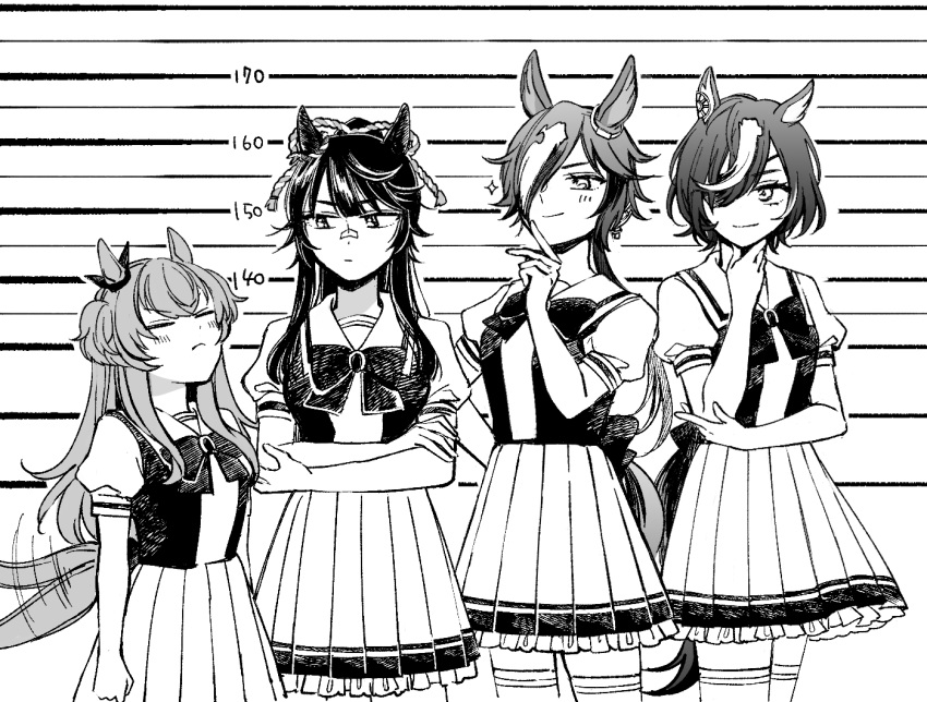 4girls =_= afterimage animal_ears blush bow bowtie breasts closed_mouth crossed_arms elbow_rest eyepatch gloves greyscale hair_over_one_eye hand_on_own_chin height_chart height_difference horse_ears horse_girl horse_tail long_hair looking_at_another mayano_top_gun_(umamusume) monochrome multicolored_hair multiple_girls narita_brian_(umamusume) ponytail sailor_collar school_uniform short_sleeves sideways_glance skirt small_breasts sparkle speed_lines standing streaked_hair stroking_own_chin tail tail_wagging tanino_gimlet_(umamusume) thigh-highs tracen_school_uniform two_side_up umamusume v-shaped_eyebrows vodka_(umamusume) yonu_(yonurime)