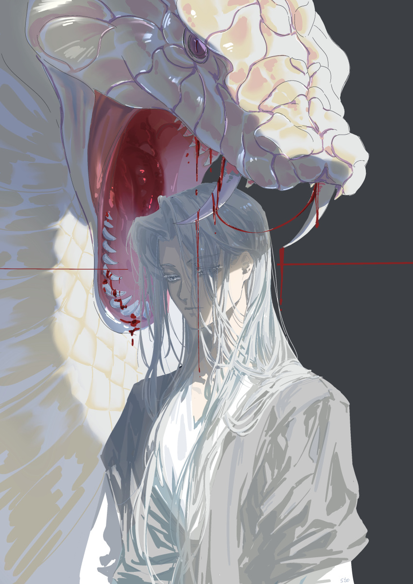 1boy absurdres angel bangs blood blood_from_mouth colored_eyelashes fangs grey_background highres lips long_hair lord_of_the_mysteries open_mouth ouroboros_(lord_of_the_mysteries) parted_bangs robe scales shaded_face silencio simple_background snake tongue white_eyes white_hair white_robe white_snake