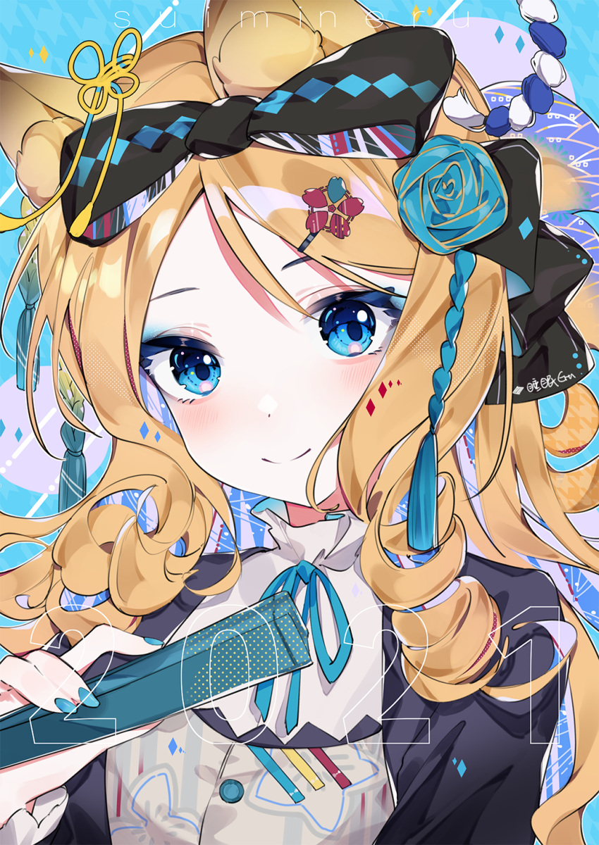 1girl 2021 animal_ears arknights bangs black_bow black_jacket blonde_hair blue_eyes blue_eyeshadow blue_flower blue_nails blue_rose blush bow cat_ears cat_girl closed_mouth commentary_request drill_locks eru_daydream eyeshadow flower hair_bow hair_ornament hairclip highres holding iris_(arknights) jacket long_hair long_sleeves looking_at_viewer makeup nail_polish open_clothes open_jacket parted_bangs rose shirt signature smile solo split_mouth upper_body white_shirt