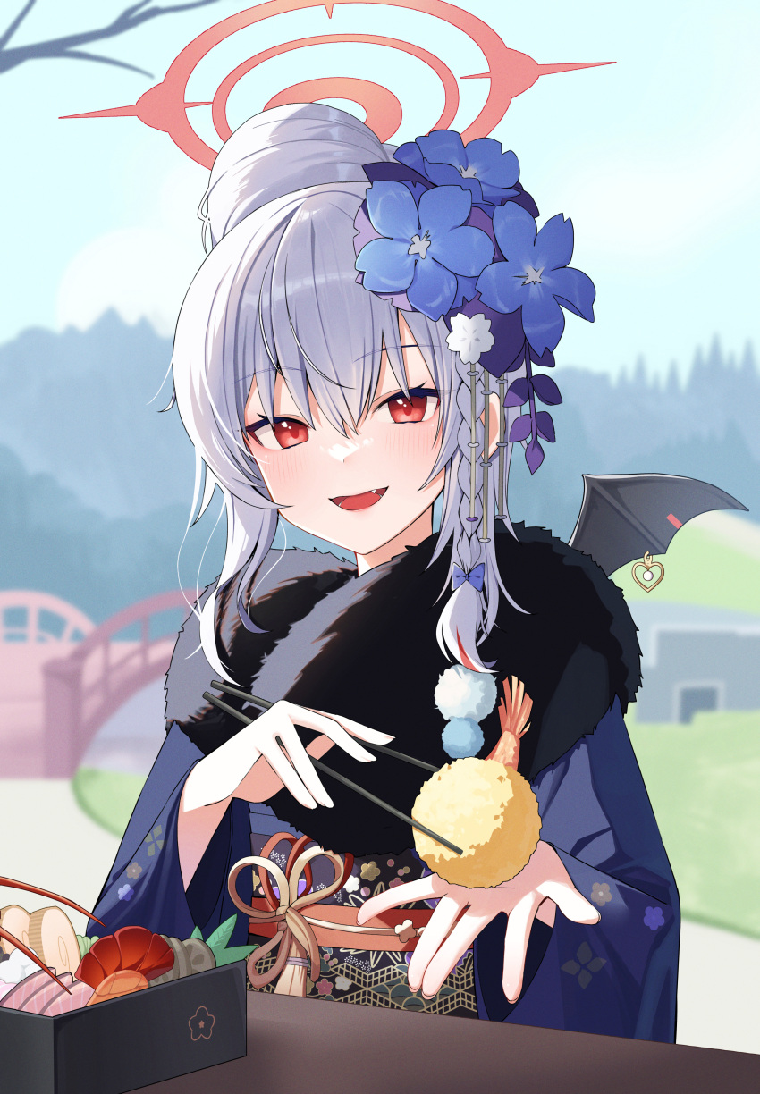 1girl absurdres bangs bat_wings bento blue_archive blue_flower blue_kimono blue_sky blurry blush braid chopsticks commentary day depth_of_field fang floral_print flower food fur-trimmed_kimono fur_trim grey_hair h9_99999 hair_between_eyes hair_bun hair_flower hair_ornament halo haruna_(blue_archive) haruna_(new_year)_(blue_archive) highres holding holding_chopsticks incoming_food japanese_clothes kimono looking_at_viewer official_alternate_costume open_mouth outdoors red_eyes short_hair shrimp shrimp_tempura side_braid sky smile solo symbol-only_commentary tempura tongue upper_body wide_sleeves wings