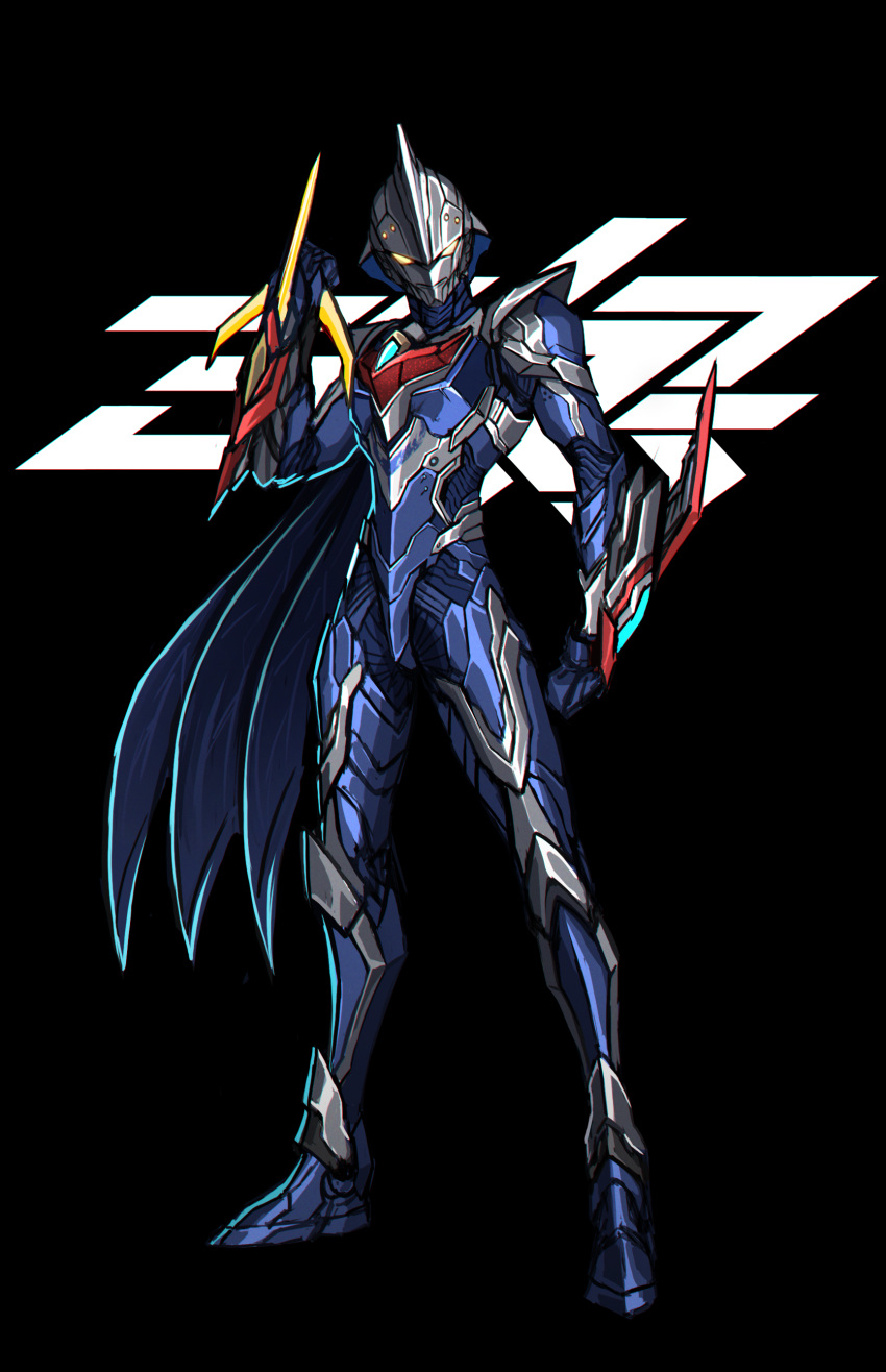 1boy 3ok absurdres alternate_universe arm_blade armor armored_boots black_background blue_armor blue_capelet boots capelet clenched_hand color_timer dorsal_fin full_body glowing glowing_eyes highres looking_at_viewer male_focus no_humans solo standing tokusatsu ultra_series ultraman_(hero's_comics) ultraman_nexus ultraman_nexus_(series) ultraman_nexus_junis_blue ultraman_suit weapon