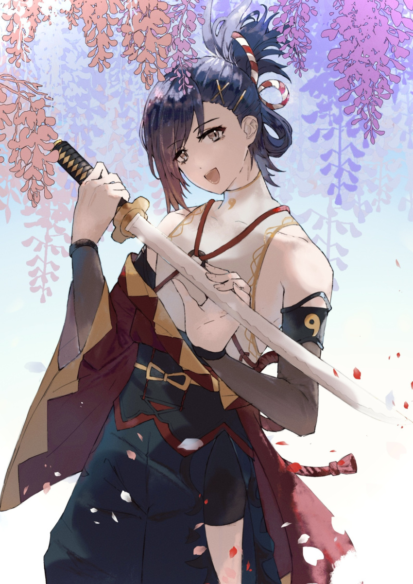 1boy androgynous blue_hair blue_sky cherry_blossoms dark_blue_hair fire_emblem fire_emblem_engage grey_eyes highres holding holding_sword holding_weapon japanese_clothes kagetsu_(fire_emblem) katana looking_at_viewer magatama_print outdoors plant ponytail pov samurai sky smile solo sword topknot weapon yiki1997326