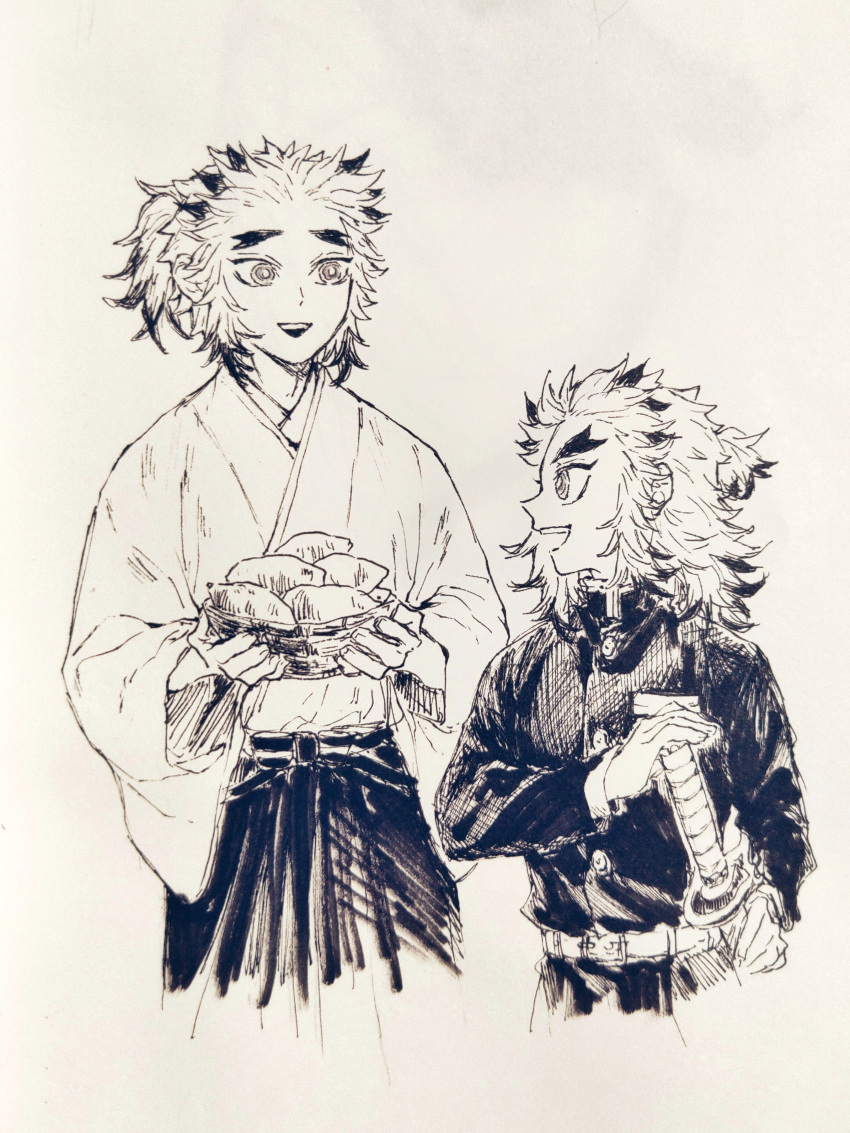 2boys absurdres age_switch aged_down aged_up basket brothers child colored_tips cropped_legs demon_slayer_uniform food forked_eyebrows galllisto hakama half_updo hand_up highres holding holding_basket japanese_clothes katana kimetsu_no_yaiba kimono long_sleeves looking_at_another looking_away looking_to_the_side male_child male_focus medium_hair monochrome multicolored_hair multiple_boys open_mouth photo_(medium) ponytail profile rengoku_kyoujurou siblings simple_background sketch streaked_hair sweet_potato sword weapon
