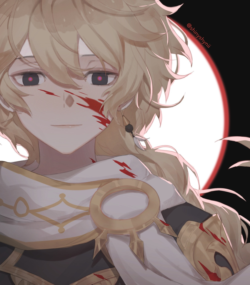 1boy aether_(genshin_impact) alternate_eye_color artist_name bangs black_background blonde_hair blood blood_on_face braid brown_shirt closed_mouth earrings english_commentary genshin_impact grey_eyes hair_between_eyes highres jewelry lips long_hair looking_at_viewer male_focus moon pink_pupils scarf shinyshynii shirt short_sleeves simple_background single_earring smile solo upper_body white_scarf