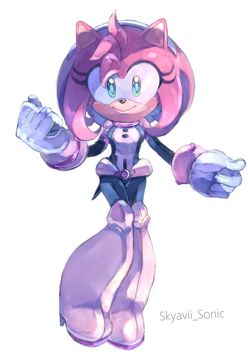 1girl amy_rose artist_name blue_eyes bodysuit boku_no_hero_academia breasts closed_mouth cosplay full_body furry furry_female gloves green_eyes highres looking_at_viewer multicolored_eyes simple_background skyavii_sonic smile solo sonic_(series) standing uraraka_ochako uraraka_ochako_(cosplay) white_background white_gloves