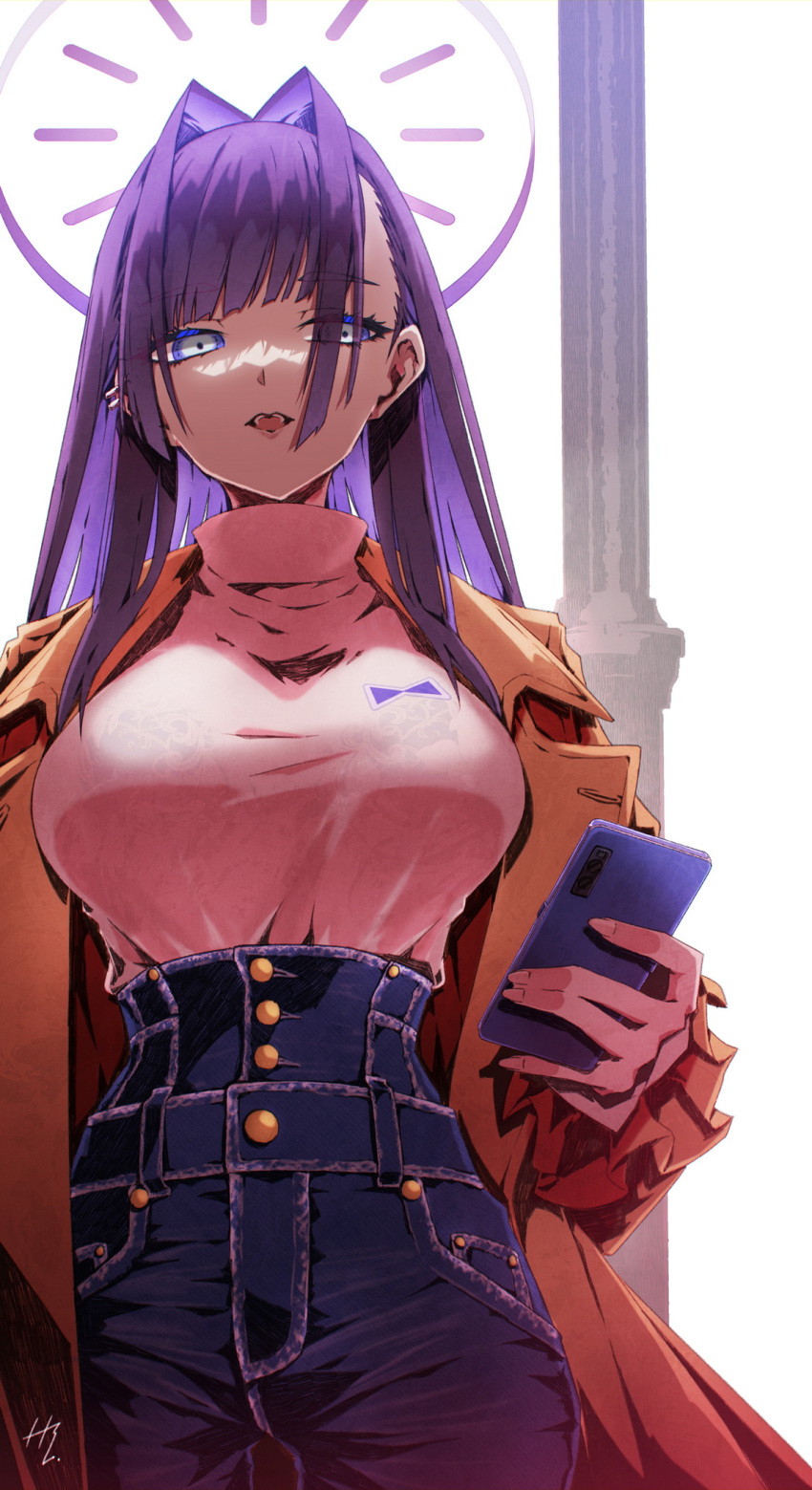 1girl alternate_hair_color blue_eyes breasts brown_coat cellphone coat commentary cowboy_shot denim ear_piercing eyebrows_hidden_by_hair halo high-waist_pants highres holding holding_phone hololive hololive_english jeans large_breasts long_hair narrow_waist open_mouth ouro_kronii pants phone piercing purple_hair signature smartphone solo straight-on symbol-only_commentary taka_t turtleneck virtual_youtuber