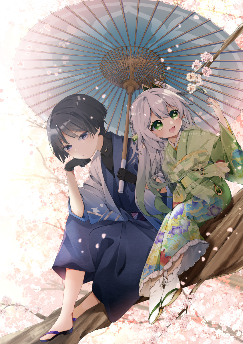 1girl :d absurdres arm_support bangs black_eyes black_gloves black_hair blurry braid cherry_blossoms commentary_request depth_of_field falling_petals full_body genshin_impact gloves gradient_hair green_eyes grey_hair hair_between_eyes hair_ornament highres holding holding_umbrella japanese_clothes kimono knee_up long_hair long_sleeves looking_at_another looking_away multicolored_hair nahida_(genshin_impact) obi obiage oil-paper_umbrella petals pointy_ears sash scaramouche_(genshin_impact) see-through side_ponytail sidelocks single_braid sitting_on_branch smile socks symbol-shaped_pupils tree two-tone_hair umbrella usako_(usako1031) wanderer_(genshin_impact) white_socks wide_sleeves