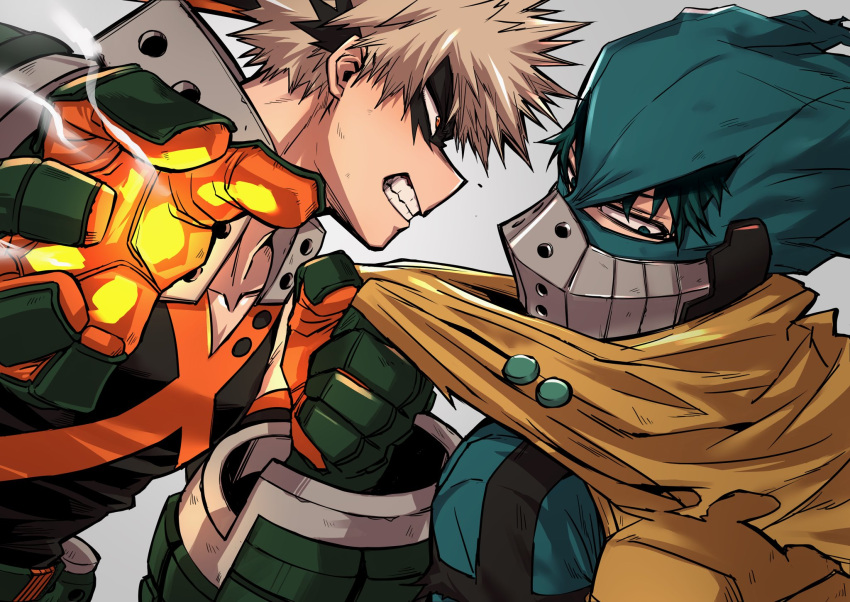2boys angry backpack bag bakugou_katsuki belt black_mask black_tank_top blonde_hair bodysuit boku_no_hero_academia cape cape_grab cape_lift chiyaya clenched_teeth covered_face explosive eye_mask face-to-face from_side gloves glowing glowing_hand green_bodysuit green_eyes green_gloves green_hair green_mask grenade grey_background hair_through_headwear hands_up headgear highres imminent_explosion looking_at_another looking_to_the_side male_focus midoriya_izuku multiple_boys narrowed_eyes official_alternate_costume orange_gloves profile red_eyes sanpaku short_hair simple_background smoke spiky_hair spoilers tank_top teeth two-tone_gloves upper_body v-neck x yellow_bag yellow_cape