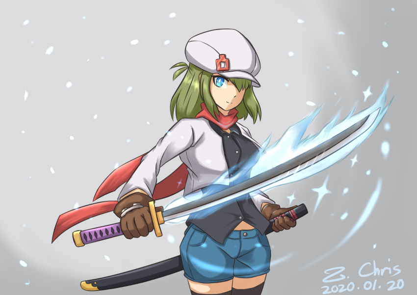 1girl absurdres bangs black_shirt black_thighhighs blue_eyes blue_shorts borrowed_character breasts brown_gloves cabbie_hat closed_mouth collared_shirt commentary cropped_jacket dated denim denim_shorts dress_shirt english_commentary gloves green_hair grey_background hair_over_one_eye hat highres holding holding_sheath holding_sword holding_weapon jacket katana long_sleeves looking_at_viewer medium_breasts open_clothes open_jacket original ponytail sheath shirt short_shorts shorts signature simple_background smile solo sword thigh-highs unsheathed weapon white_headwear white_jacket yunomiya_agari z_.chris