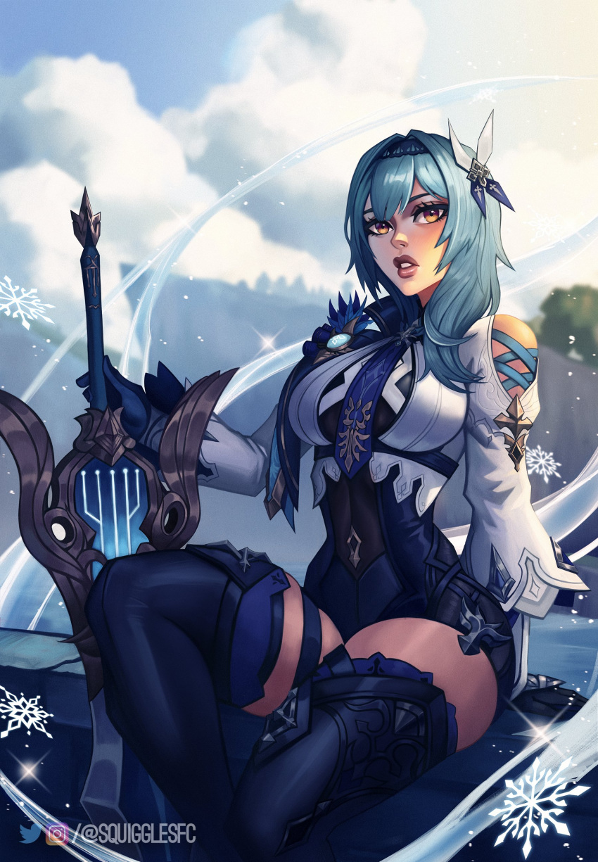 1girl absurdres aqua_hair bodysuit breasts claymore_(sword) cliff clouds day eula_(genshin_impact) genshin_impact green_eyes hair_ornament hairband highres holding holding_sword holding_weapon lace-trimmed_hairband lace_trim lips medium_breasts medium_hair parted_lips sitting snowflakes solo squigglesfc sword teeth thick_thighs thigh-highs thighs watermark weapon