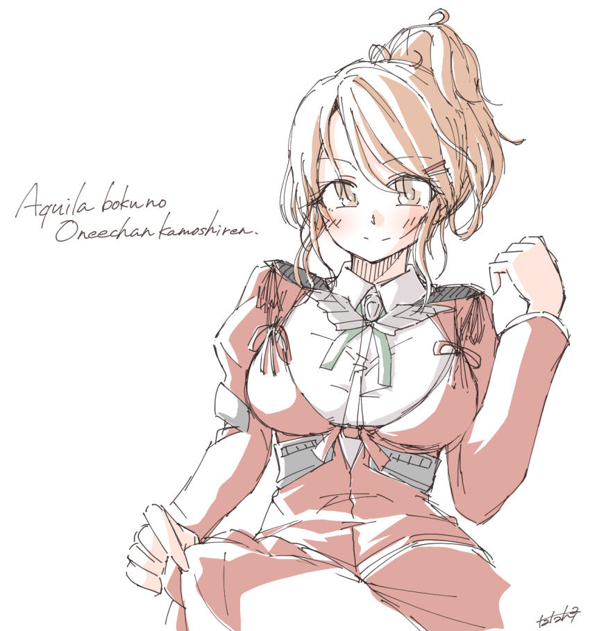 1girl aquila_(kancolle) collared_shirt commentary_request cropped_torso hair_ornament hairclip high_ponytail highres kantai_collection long_hair orange_hair red_shirt romaji_text shirt simple_background smile solo tatahai translation_request upper_body wavy_hair white_background white_shirt yellow_eyes