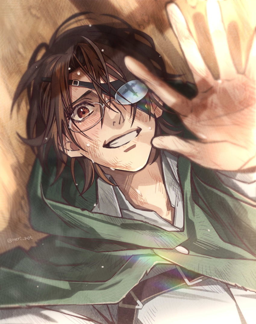 1girl arm_up artist_name bangs brown_eyes brown_hair brown_jacket cloak clouds cloudy_sky collared_shirt cropped_jacket crying eyepatch glasses green_cloak hair_over_one_eye hand_up hange_zoe harness highres jacket looking_at_viewer lying medium_hair neri_aot on_ground outdoors reaching_towards_viewer shingeki_no_kyojin shirt sky smile solo sunlight tears teeth twitter_username upper_body white_shirt