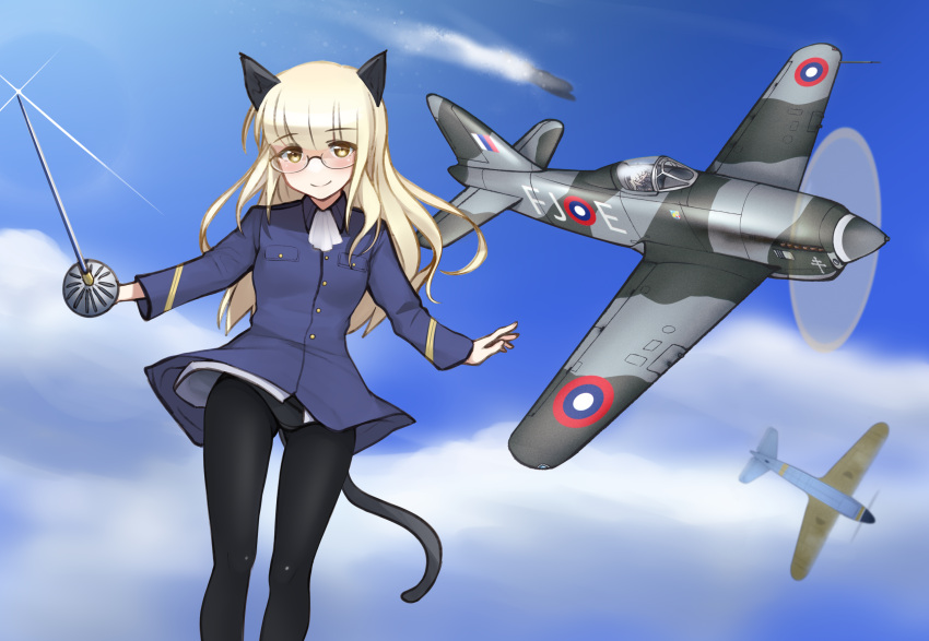 1girl absurdres aircraft airplane animal_ears black_pantyhose blonde_hair blush breasts cat_ears cat_tail closed_mouth glasses highres long_hair looking_at_viewer m1saki_1 military military_uniform neckerchief panties panties_under_pantyhose pantyhose perrine_h._clostermann rapier sky small_breasts smile solo strike_witches sword tail underwear uniform weapon white_neckerchief white_panties world_witches_series yellow_eyes